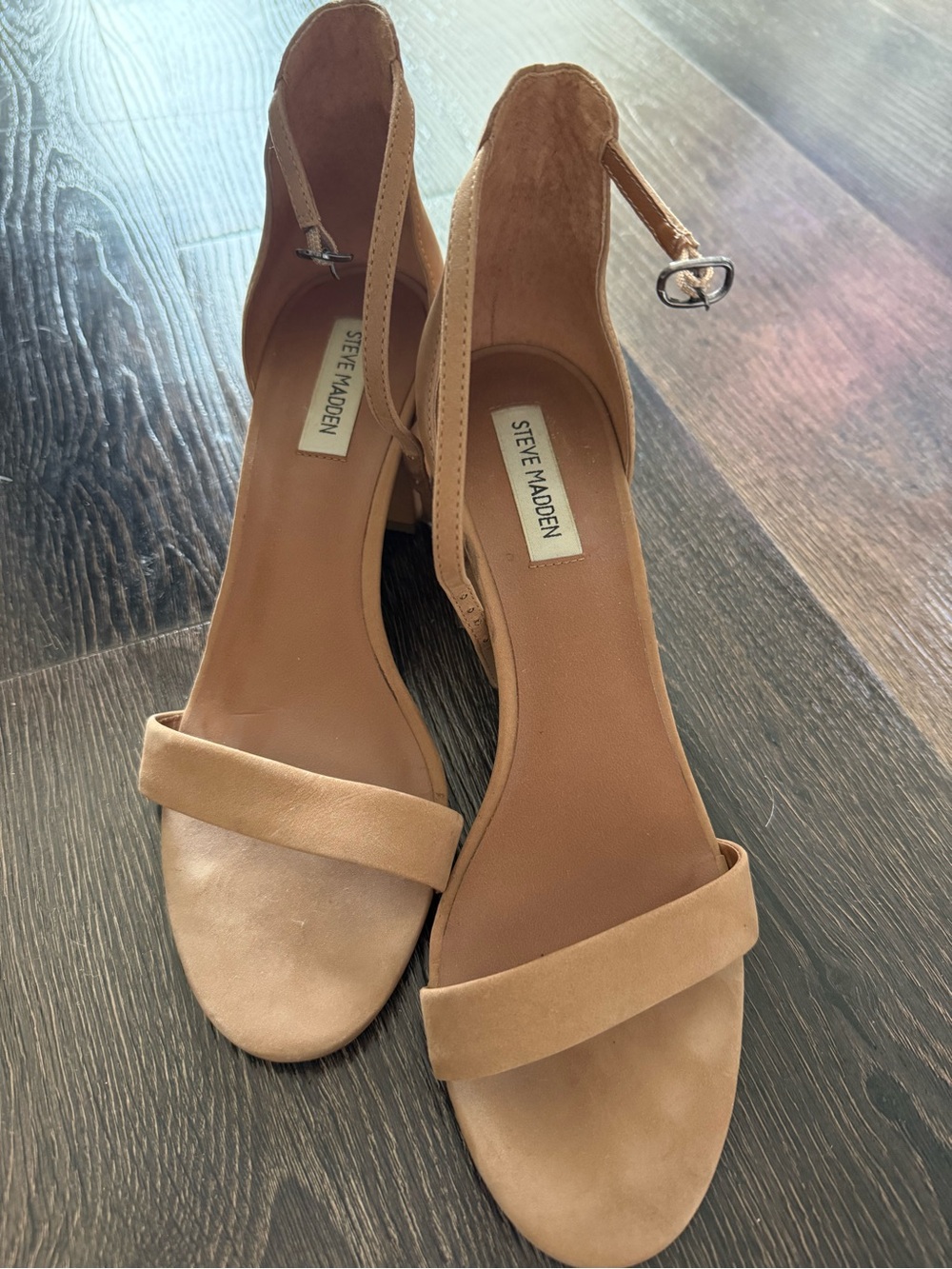 Steve Madden Tan Suede Open-Toe Ankle Strap Block Heels